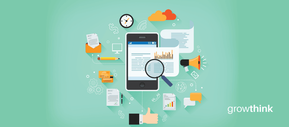 Magnifying glass over a document on a tablet with different icons around it