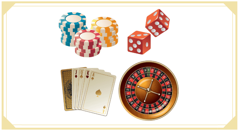 Casino chips dice cards and roulette