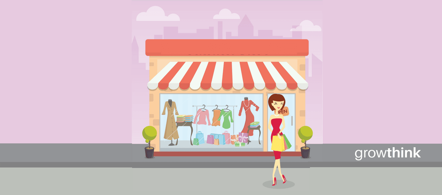 Store front with woman shopping