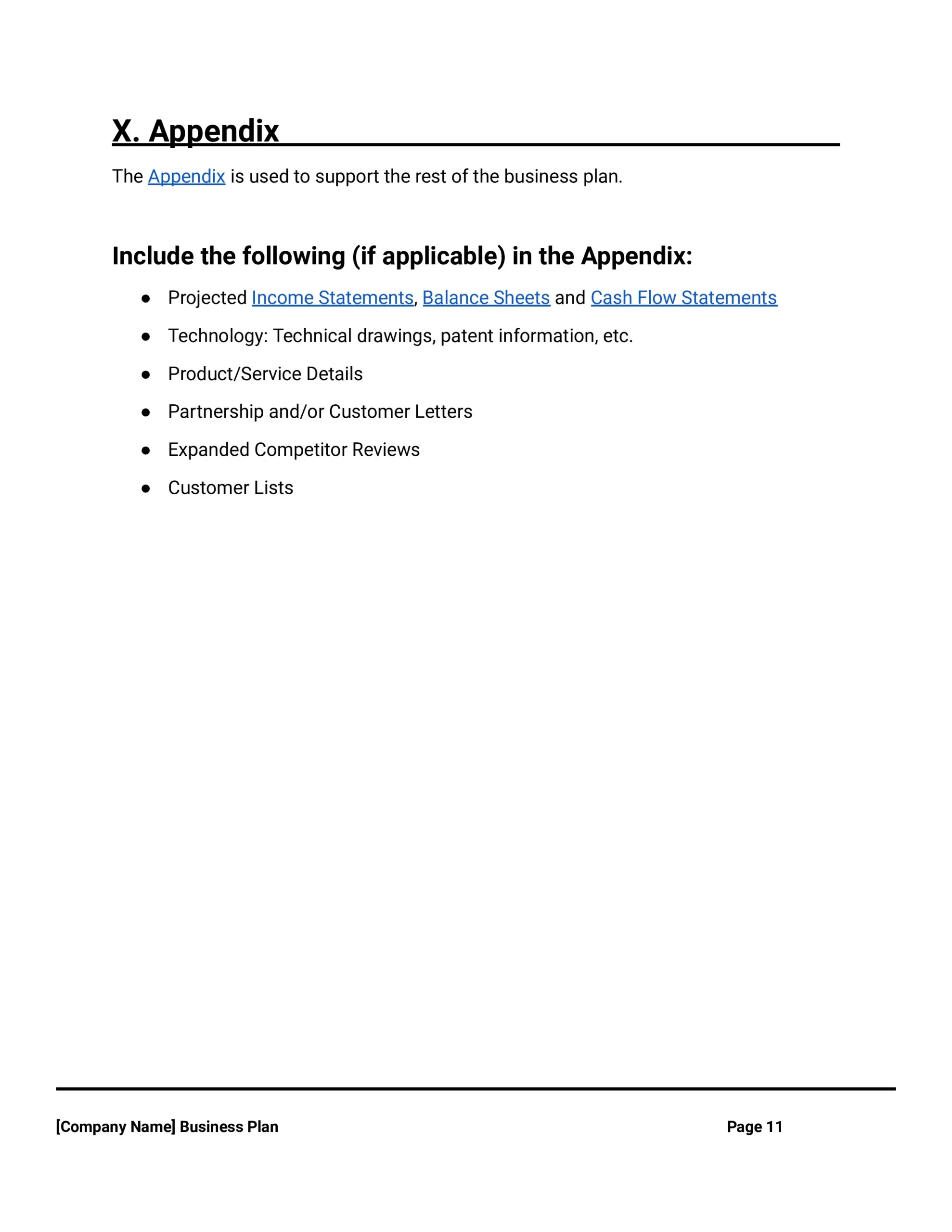 appendix of business plan